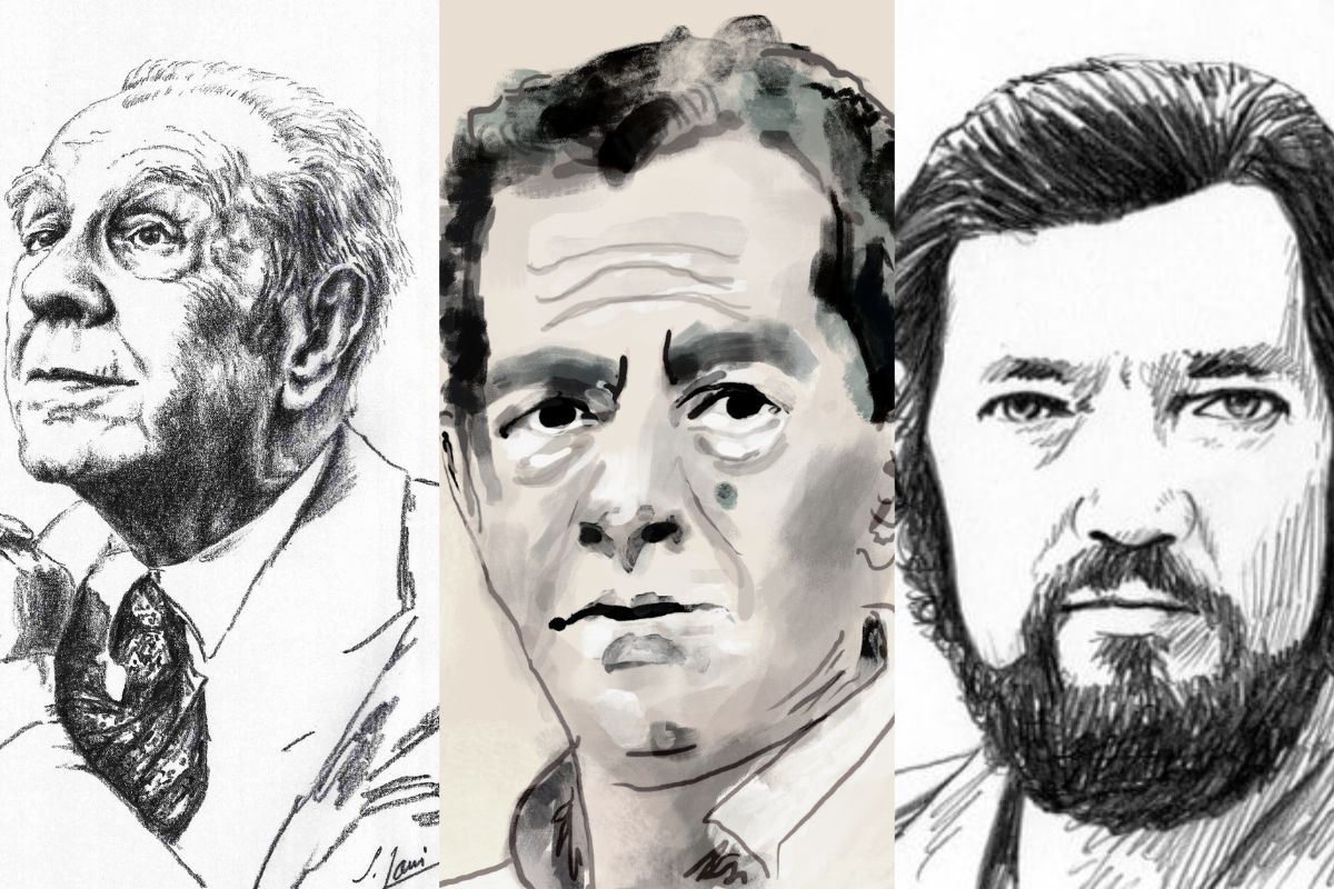 Imagen de los autores Jorge Luis Borges, Juan Rulfo y Julio Cortázar. 