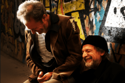 Imagen de noche, un muro, dos hombres